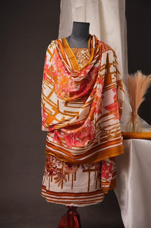 Rust Orange Pakistani Unstitched Suit with Embroidered Neck Patch & Dual Sleeve Borders.
