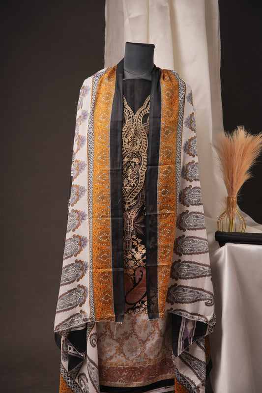 Royal Black & Beige Pakistani Unstitched Suit with Embroidered Neck Patch & Puff Sleeves