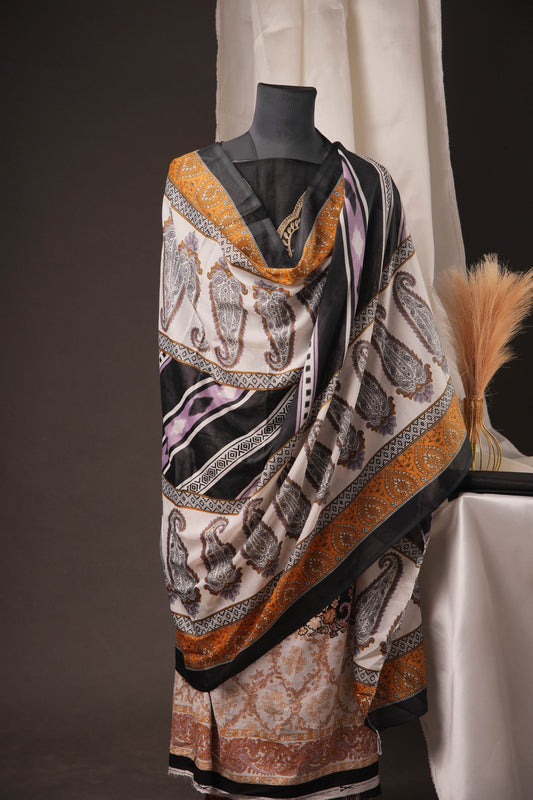 Royal Black & Beige Pakistani Unstitched Suit with Embroidered Neck Patch & Puff Sleeves