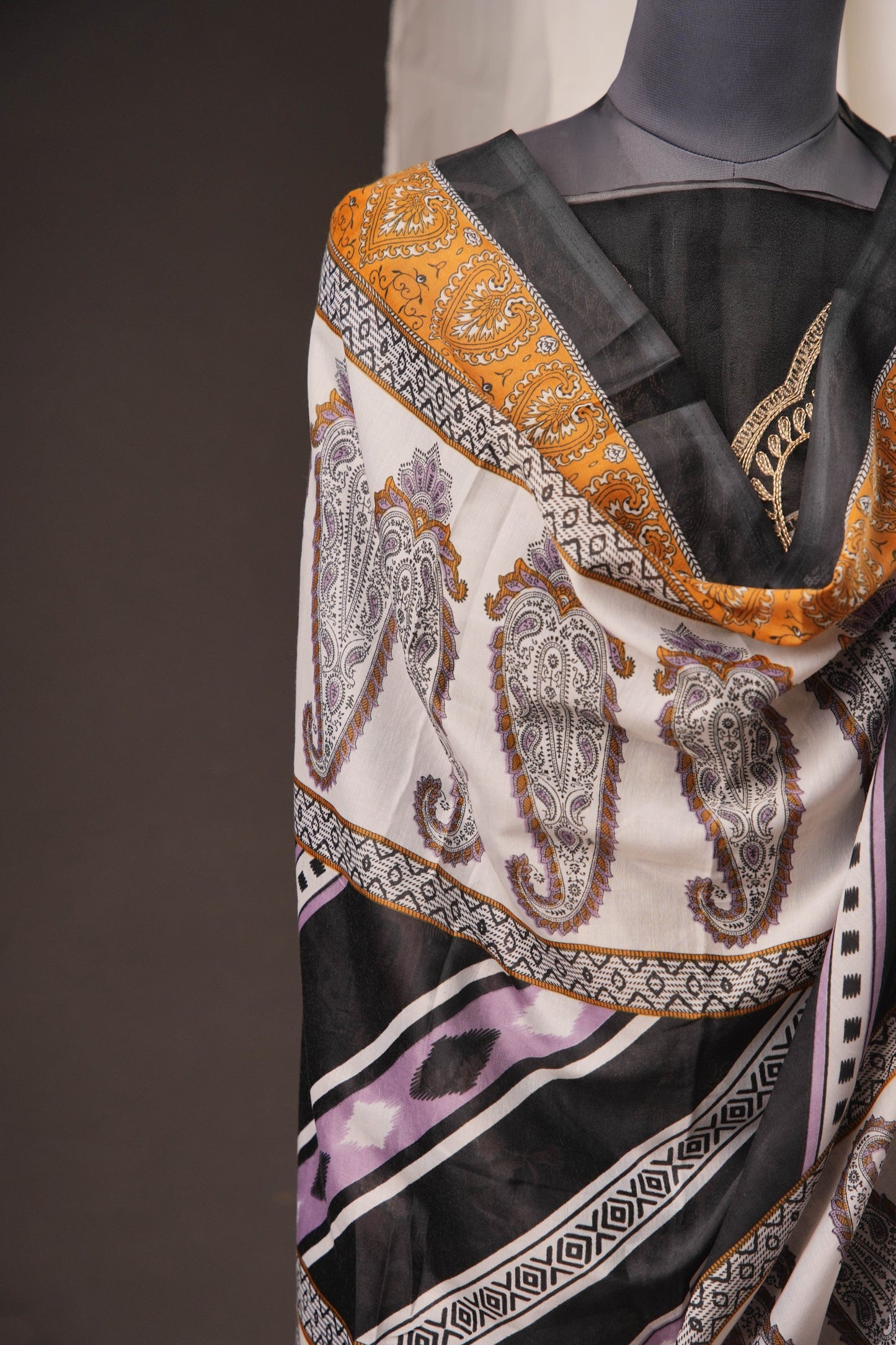 Royal Black & Beige Pakistani Unstitched Suit with Embroidered Neck Patch & Puff Sleeves