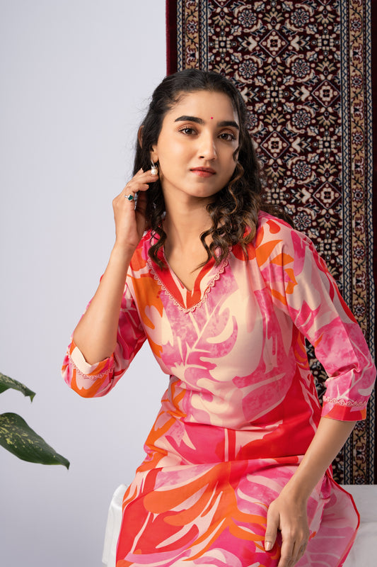 Peach Abstract Leaf Print Cotton Blend Kurta Set with Solid Dupatta
