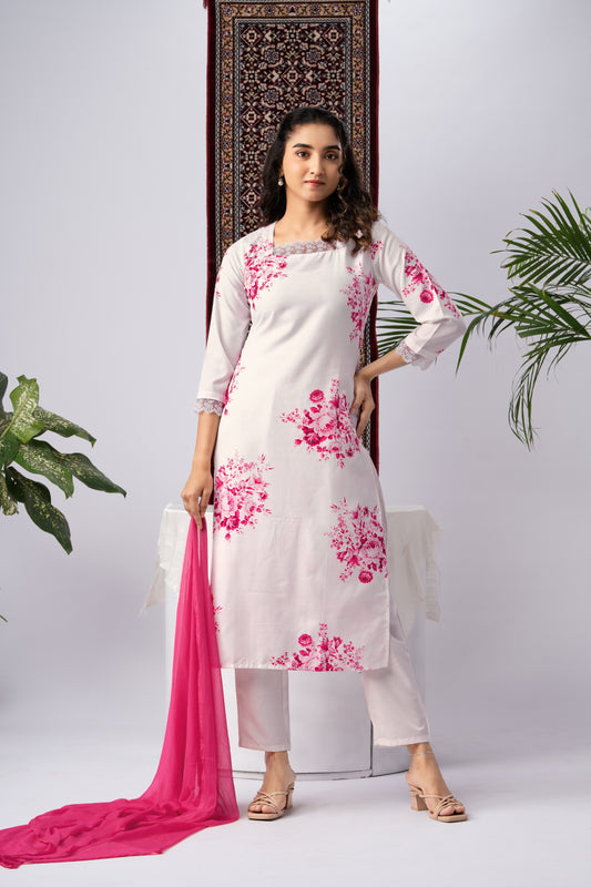 White Viscose Rayon Kurta Set with Pink Floral Print & Contrast Dupatta