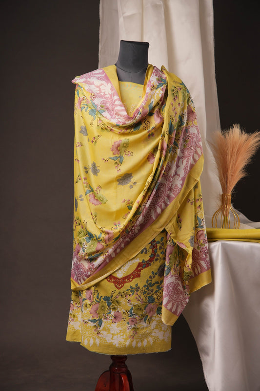 Lemon Yellow Pakistani Unstitched Suit with Embroidered Neck Patch & Puff Sleeves