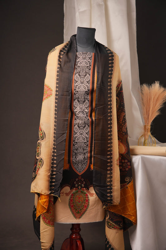 Mustard Pakistani Unstitched Suit with Embroidered Neck & 2-Line Sleeves