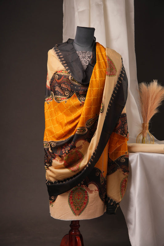 Mustard Pakistani Unstitched Suit with Embroidered Neck & 2-Line Sleeves