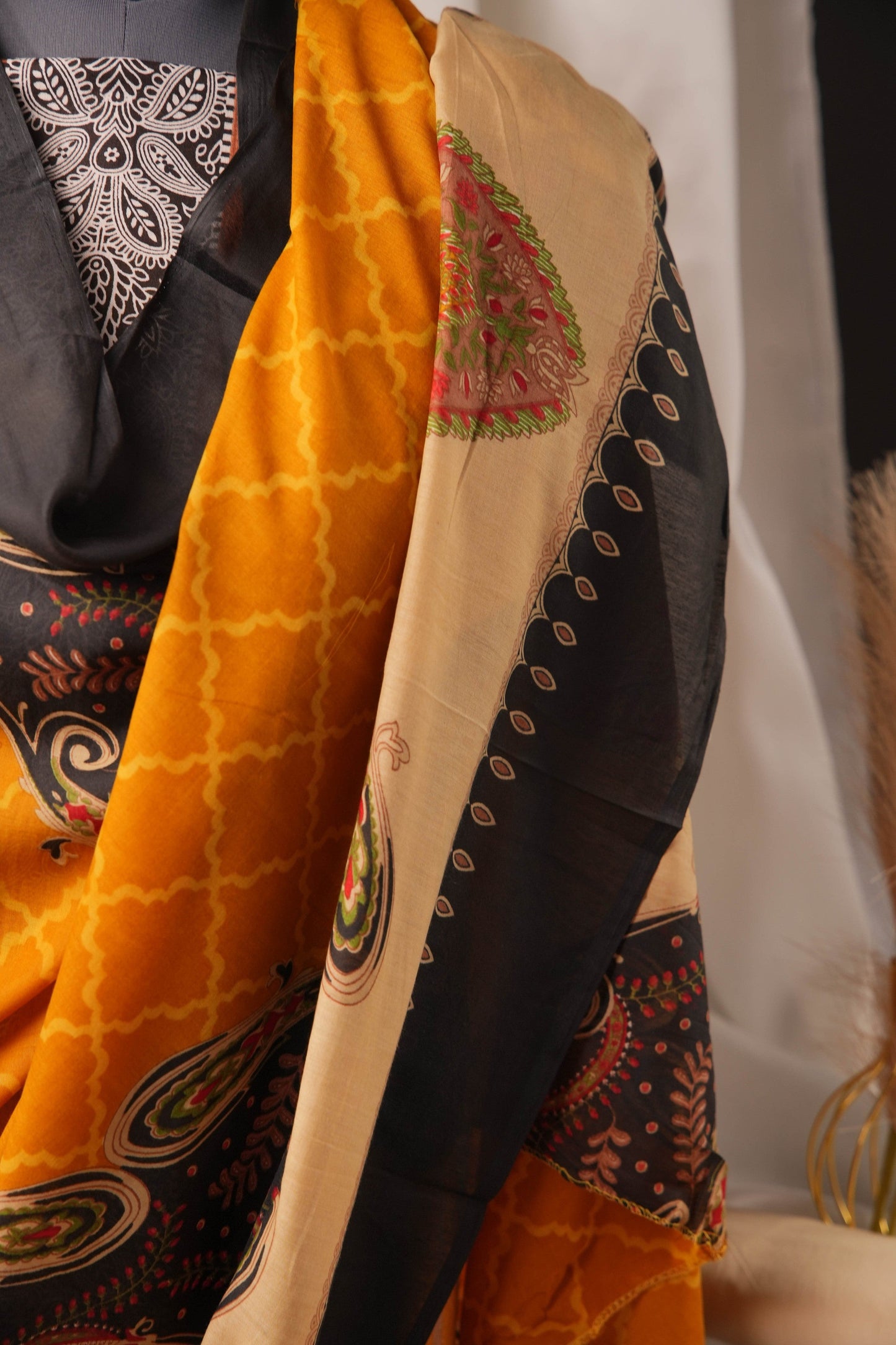 Mustard Pakistani Unstitched Suit with Embroidered Neck & 2-Line Sleeves
