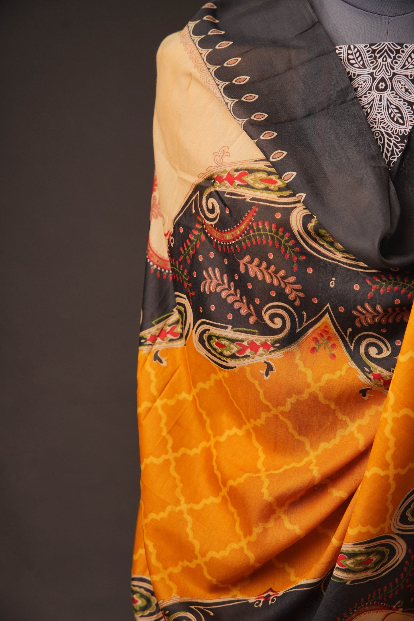 Mustard Pakistani Unstitched Suit with Embroidered Neck & 2-Line Sleeves
