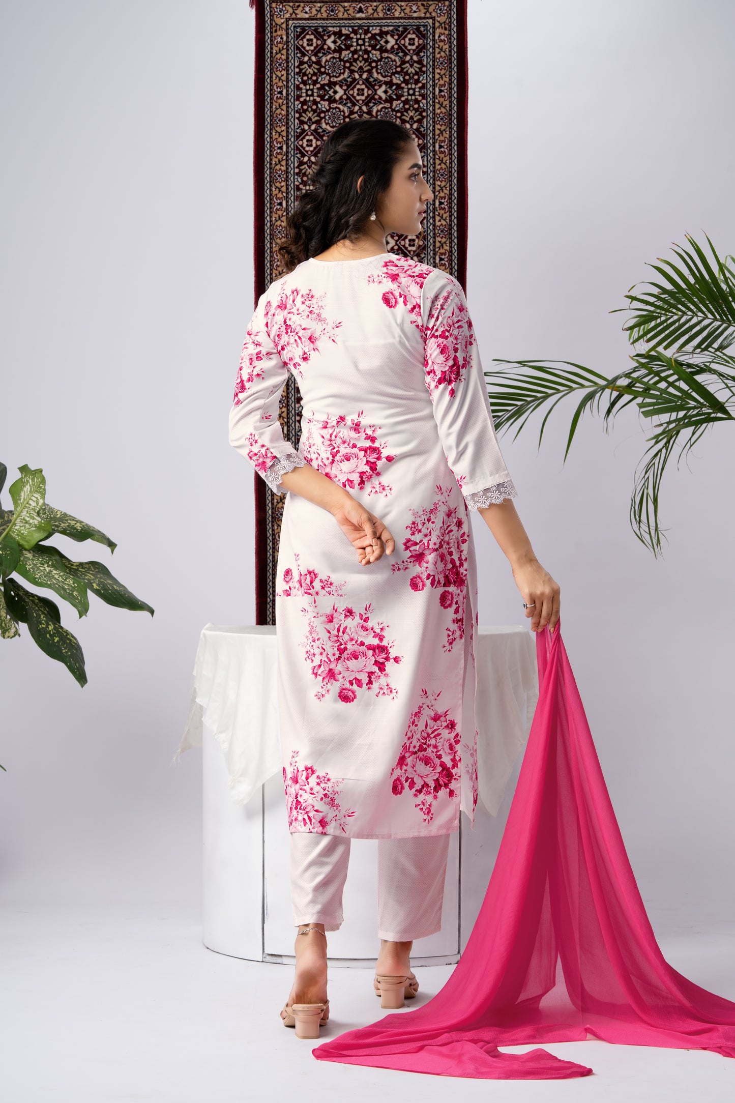White Viscose Rayon Kurta Set with Pink Floral Print & Contrast Dupatta