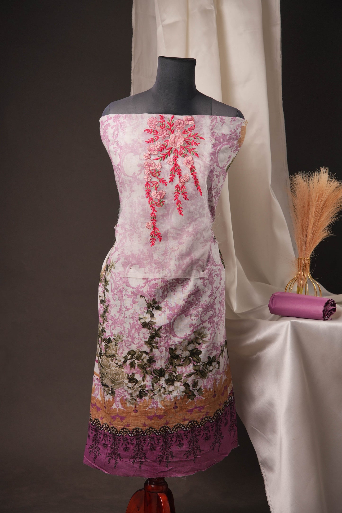 Lavender Printed Pakistani Unstitched Suit with Embroidered Neck & Corner Patch
