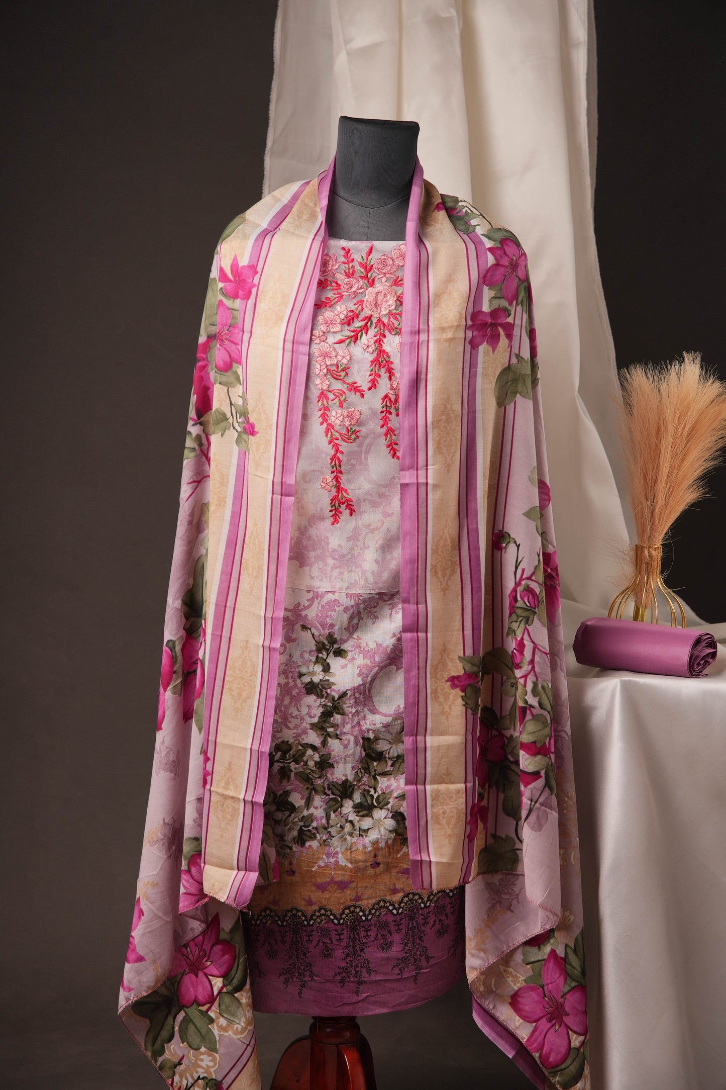 Lavender Printed Pakistani Unstitched Suit with Embroidered Neck & Corner Patch