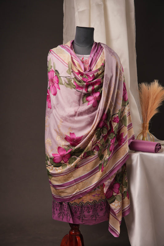 Lavender Printed Pakistani Unstitched Suit with Embroidered Neck & Corner Patch