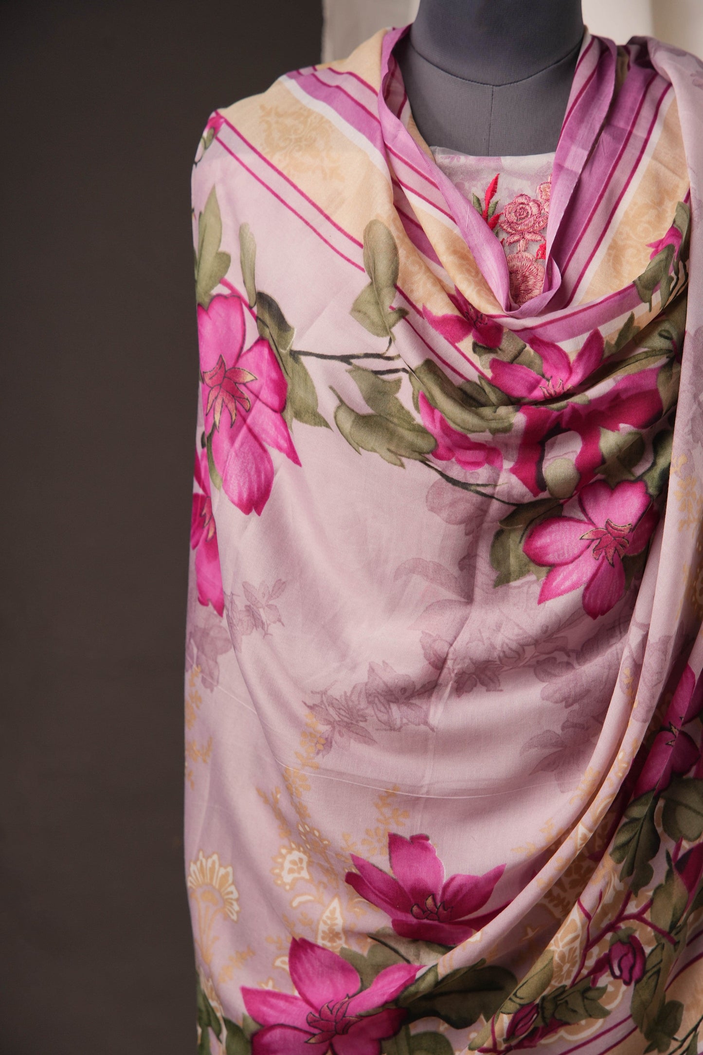 Lavender Printed Pakistani Unstitched Suit with Embroidered Neck & Corner Patch