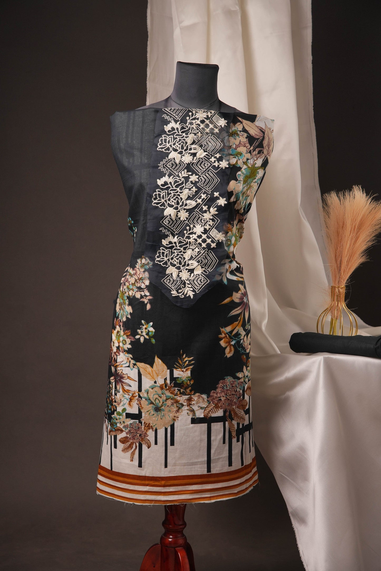 Black Printed Pakistani Unstitched Suit with Embroidered Neck Patch & Hand Puff Sleeves