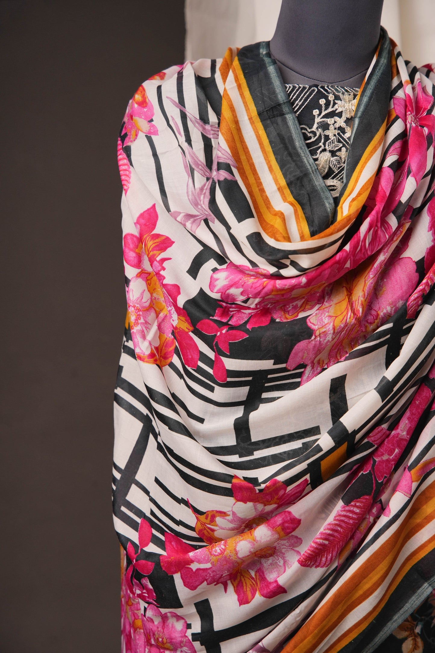 Black Printed Pakistani Unstitched Suit with Embroidered Neck Patch & Hand Puff Sleeves