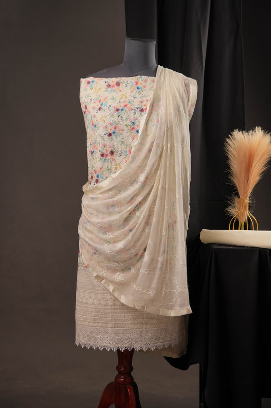 Cream Textured Floral Garden Print Cotton Unstitched Suit with Thread Work & Chiffon Dupatta