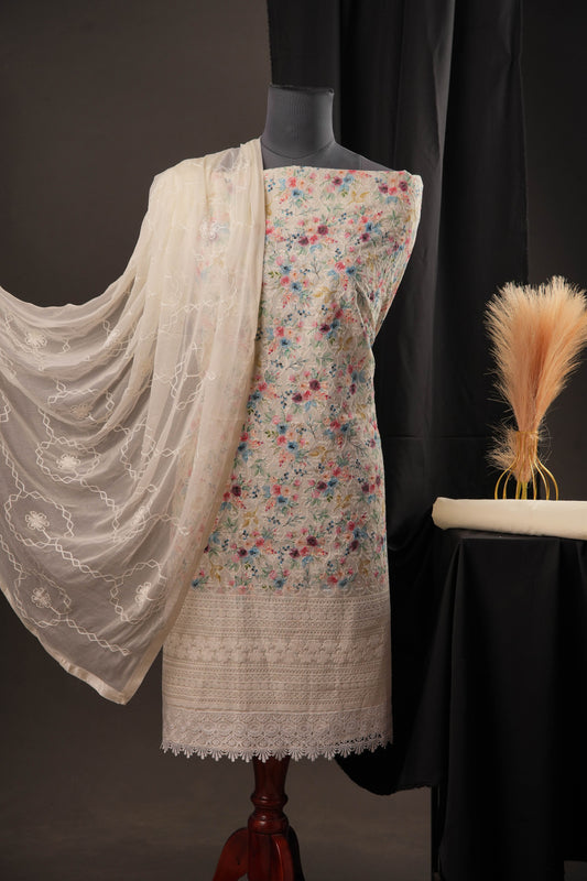 Cream Textured Floral Garden Print Cotton Unstitched Suit with Thread Work & Chiffon Dupatta