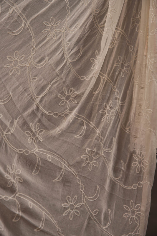 Cream Vertical Striped Floral Print Cotton Unstitched Suit with Thread Work & Chiffon Dupatta