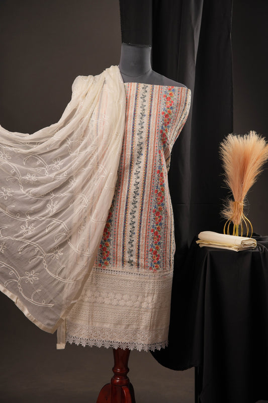 Cream Vertical Striped Floral Print Cotton Unstitched Suit with Thread Work & Chiffon Dupatta