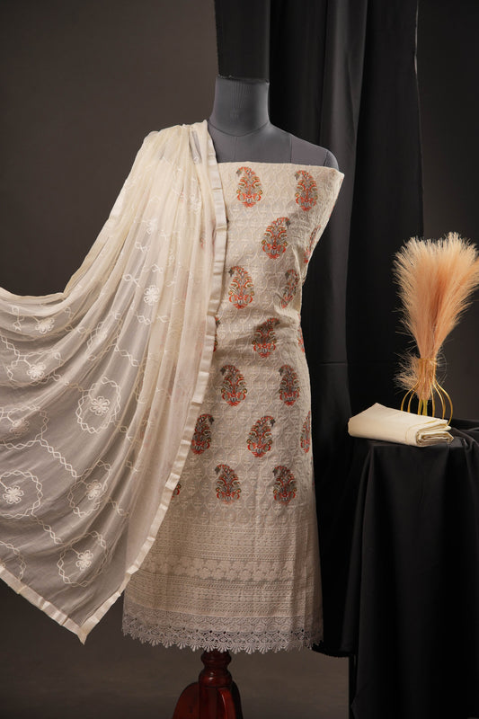 Cream Butti Paisley Cotton Unstitched Suit with Thread Work & Chiffon Dupatta