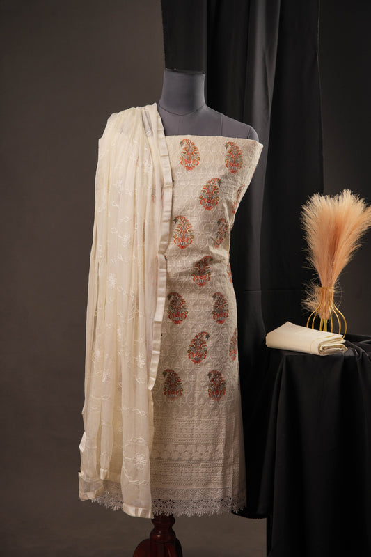 Cream Butti Paisley Cotton Unstitched Suit with Thread Work & Chiffon Dupatta