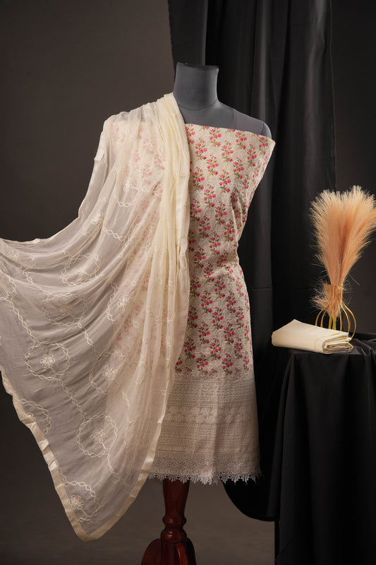 Cream Mini Rose Floral Print Cotton Unstitched Suit with Thread Work & Chiffon Dupatta