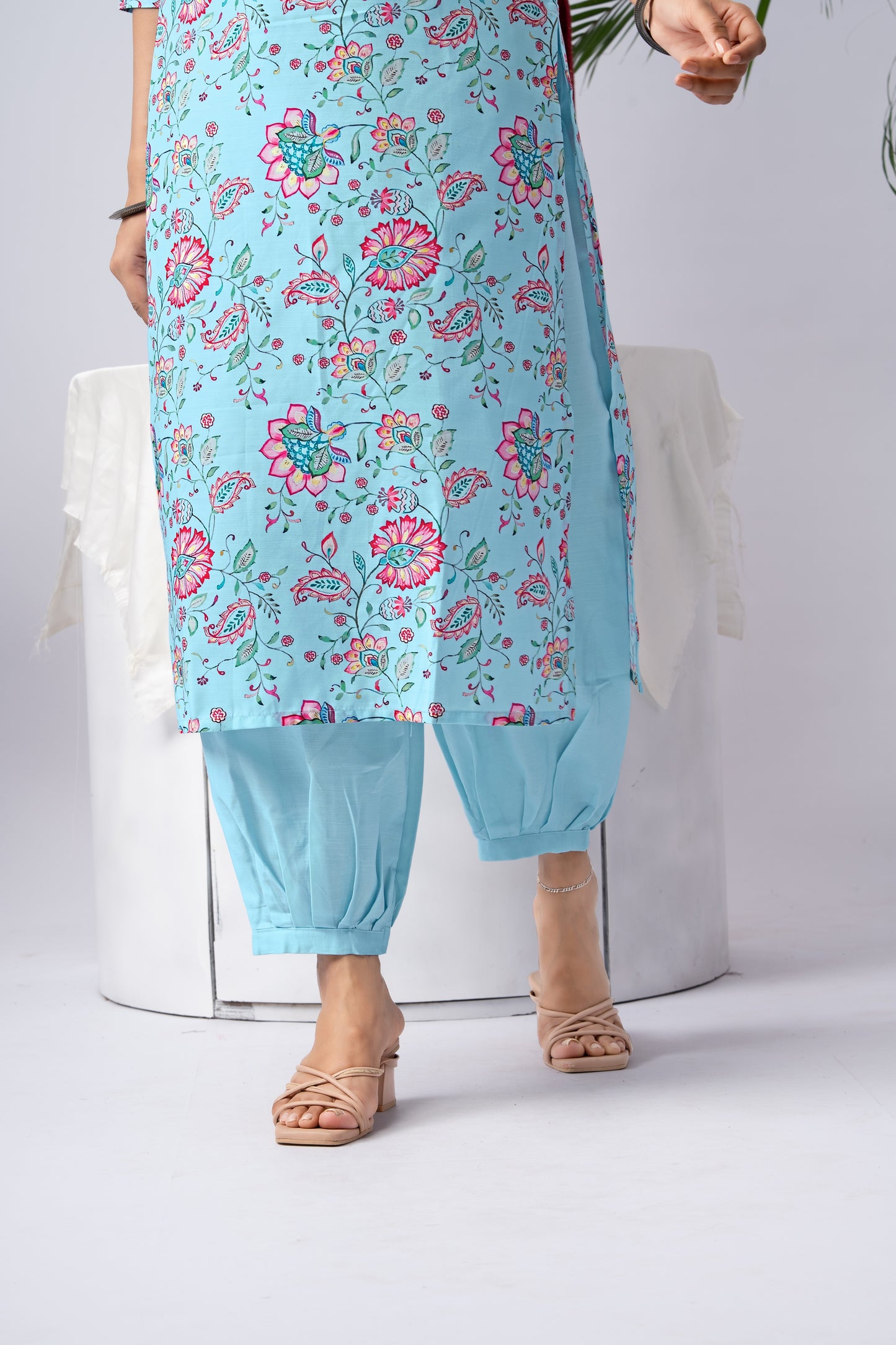 Sky Blue Floral Print Rayon Kurta Set with Self-Design Dupatta
