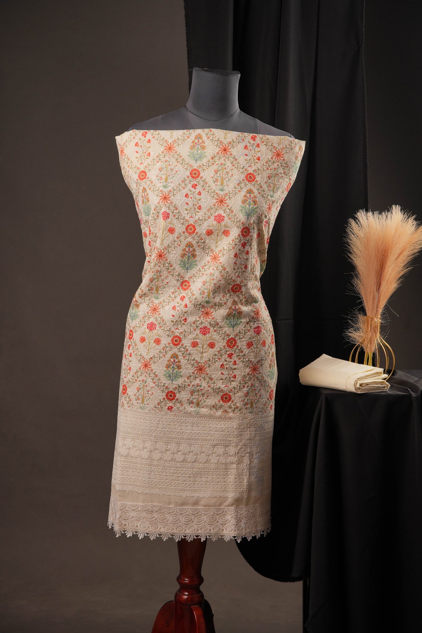 Cream Diamond Butti Jaal Print Cotton Unstitched Suit with Thread Work & Chiffon Dupatta