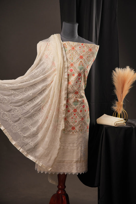 Cream Diamond Butti Jaal Print Cotton Unstitched Suit with Thread Work & Chiffon Dupatta