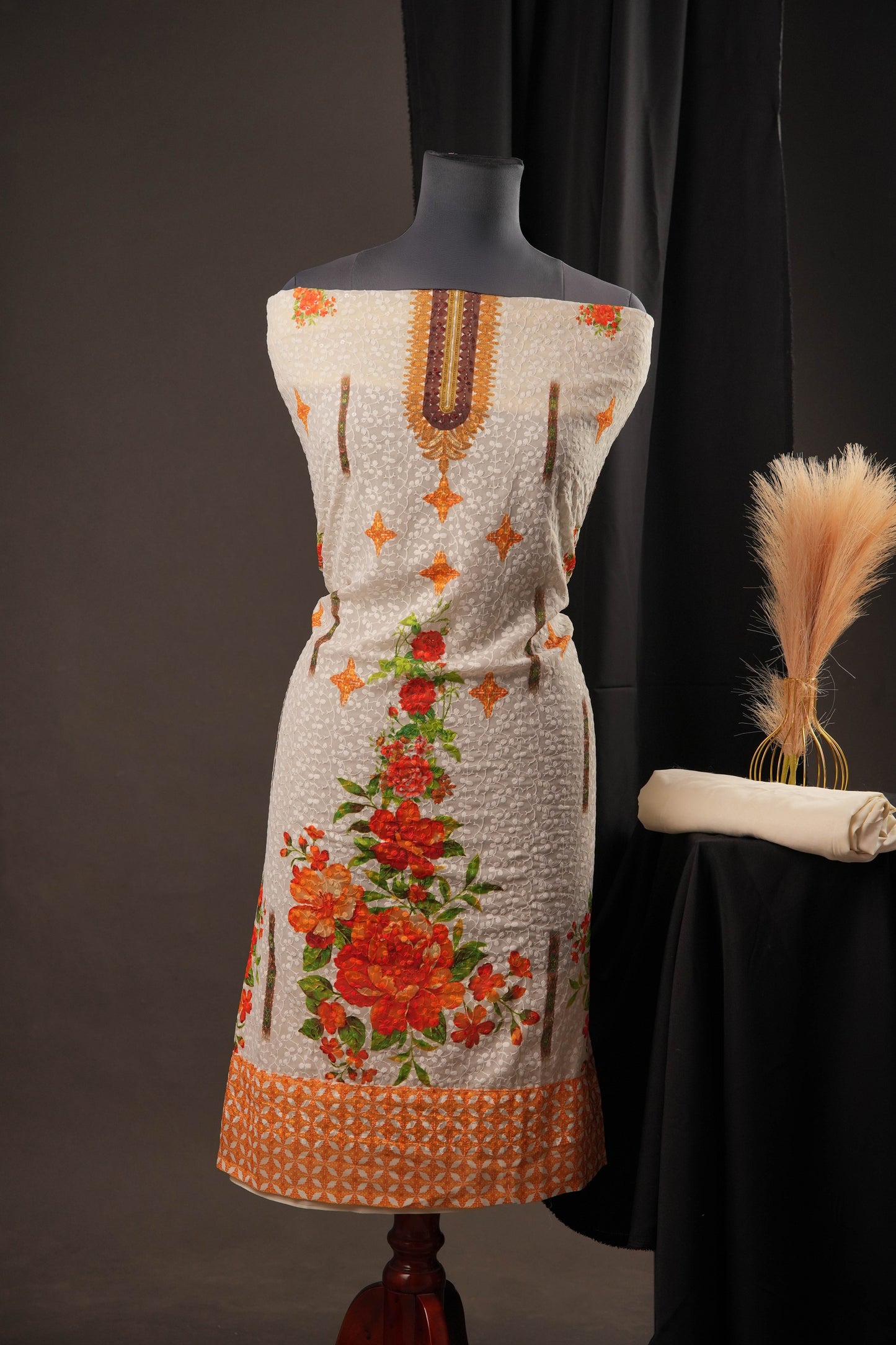 Elegant Off-White Orange Georgette Ciffly Unstitched Suit with Floral Print & Embroidered Neckline