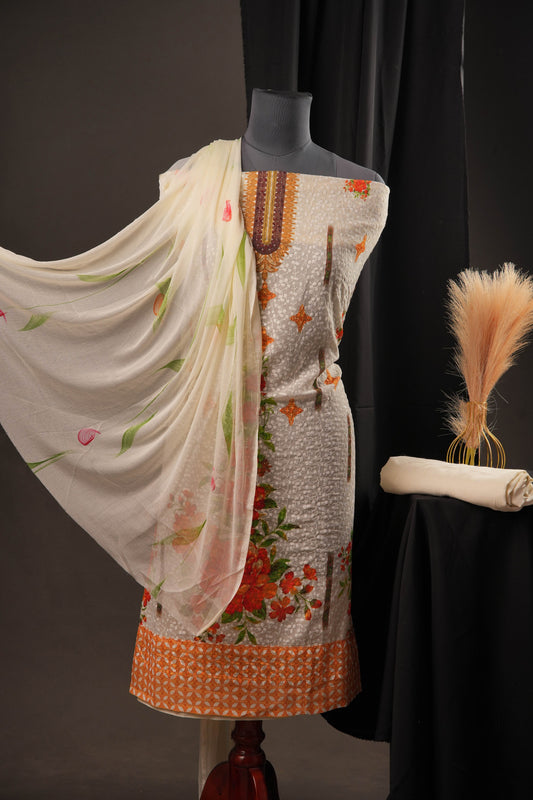 Elegant Off-White Orange Georgette Ciffly Unstitched Suit with Floral Print & Embroidered Neckline
