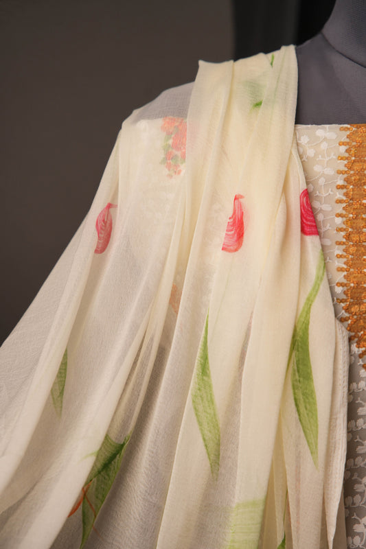 Elegant Off-White Orange Georgette Ciffly Unstitched Suit with Floral Print & Embroidered Neckline
