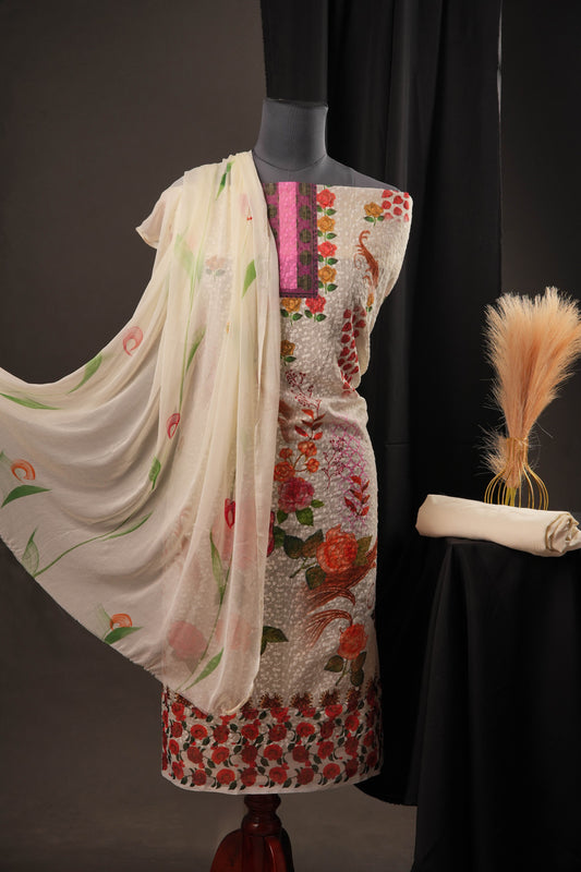 Off-White Georgette Unstitched Suit with Pink Panel Neck & Floral Printed Dupatta
