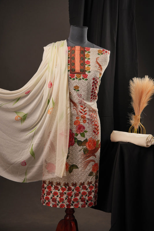 Off-White Georgette Unstitched Suit with Peach Panel Neck & Floral Printed Dupatta