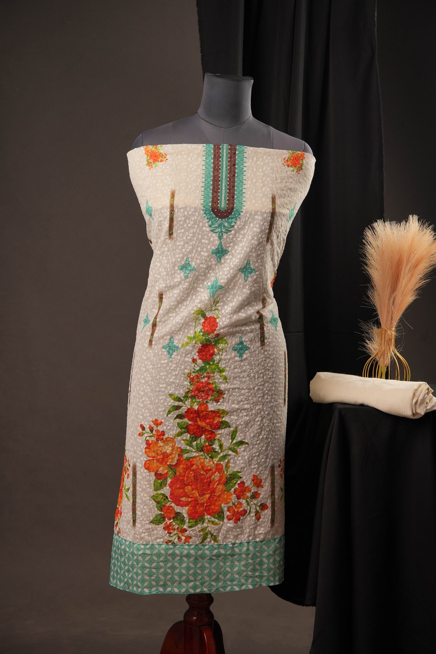 Elegant Off-White Green Georgette Ciffly Unstitched Suit with Floral Print & Embroidered Neckline