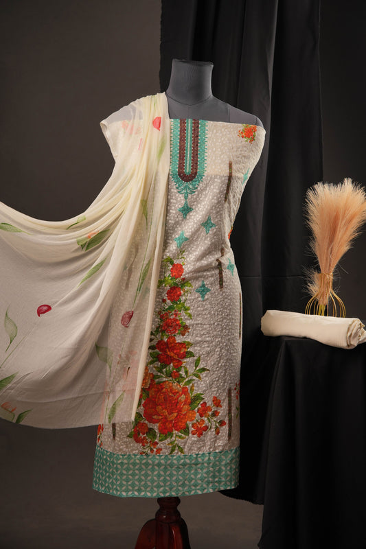 Elegant Off-White Green Georgette Ciffly Unstitched Suit with Floral Print & Embroidered Neckline