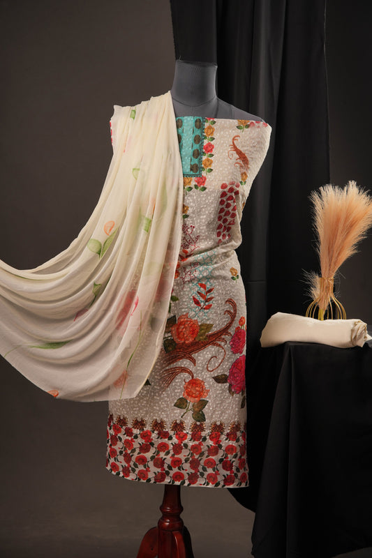 Off-White Georgette Unstitched Suit with Sky Blue Panel Neck & Floral Printed Dupatta