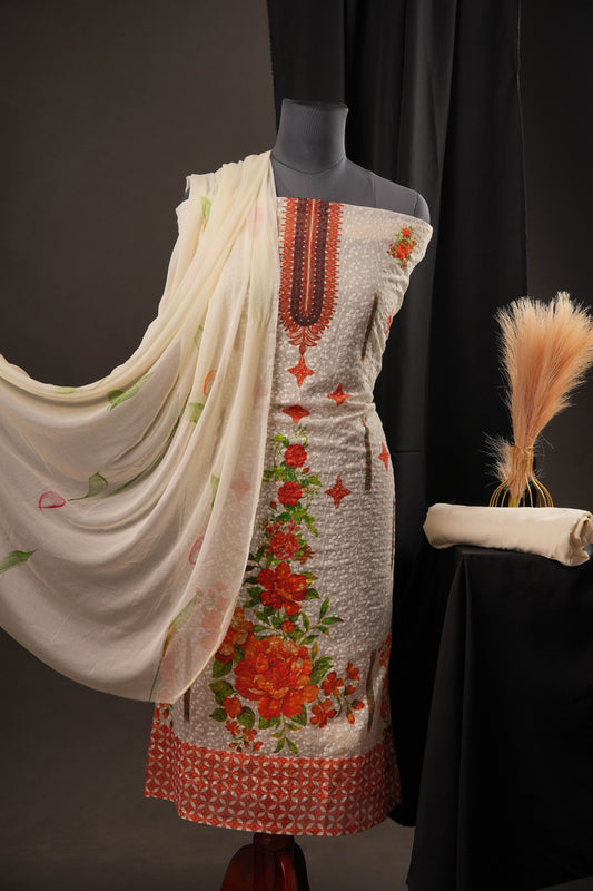 Elegant Off-White Rust Brown Georgette Ciffly Unstitched Suit with Floral Print & Embroidered Neckline