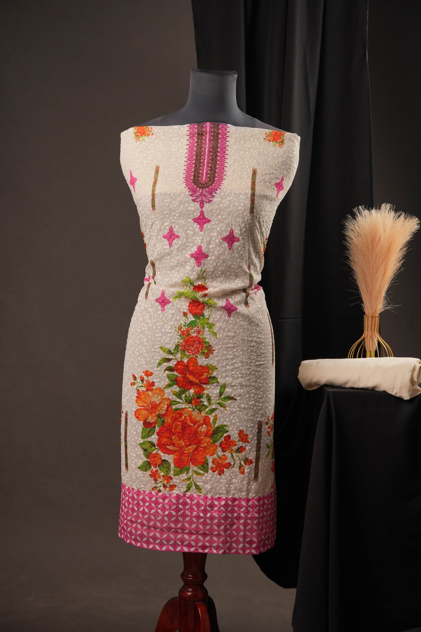 Elegant Off-White Pink Ciffly Unstitched Suit with Floral Print & Embroidered Neckline