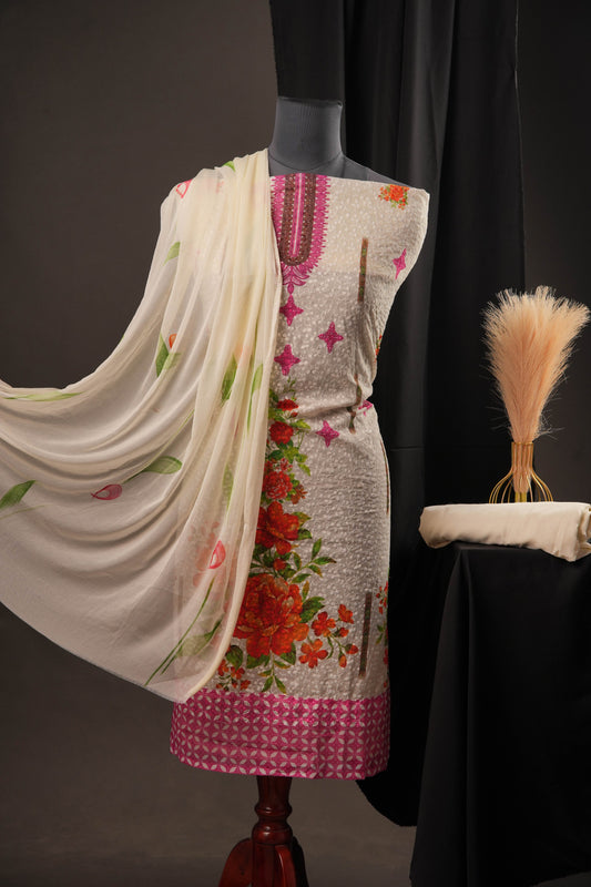 Elegant Off-White Pink Ciffly Unstitched Suit with Floral Print & Embroidered Neckline