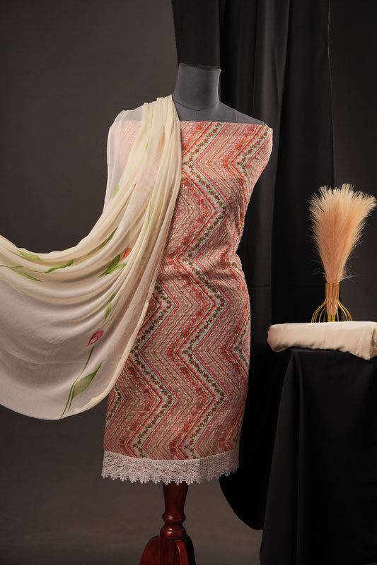 Pastel Waves Georgette Unstitched Suit with Floral Design and Printed Dupatta