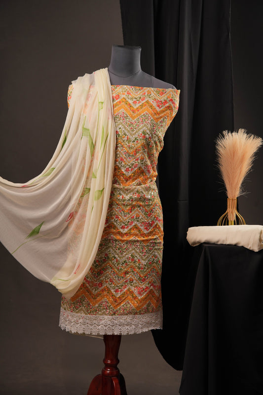 Zig-Zag Charm Georgette Unstitched Suit with Floral Design and Printed Dupatta