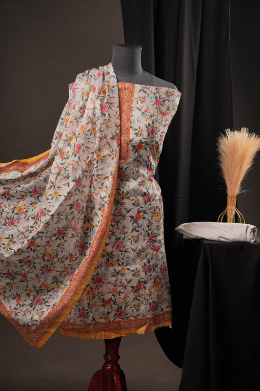 Off-White Cotton Unstitched Suit with Floral Printed On Top & Ciffly Dupatta