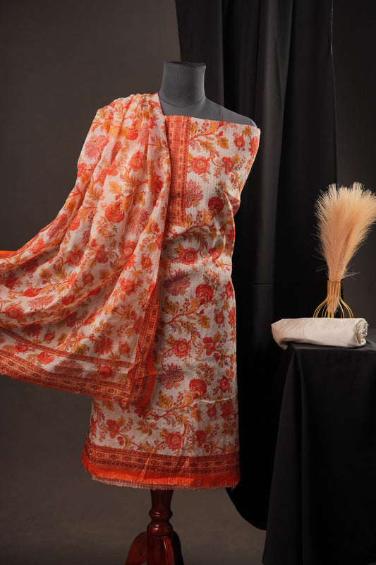 Off-White Cotton Unstitched Suit with Orange Floral Printed On Top & Ciffly Dupatta