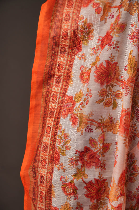 Off-White Cotton Unstitched Suit with Orange Floral Printed On Top & Ciffly Dupatta
