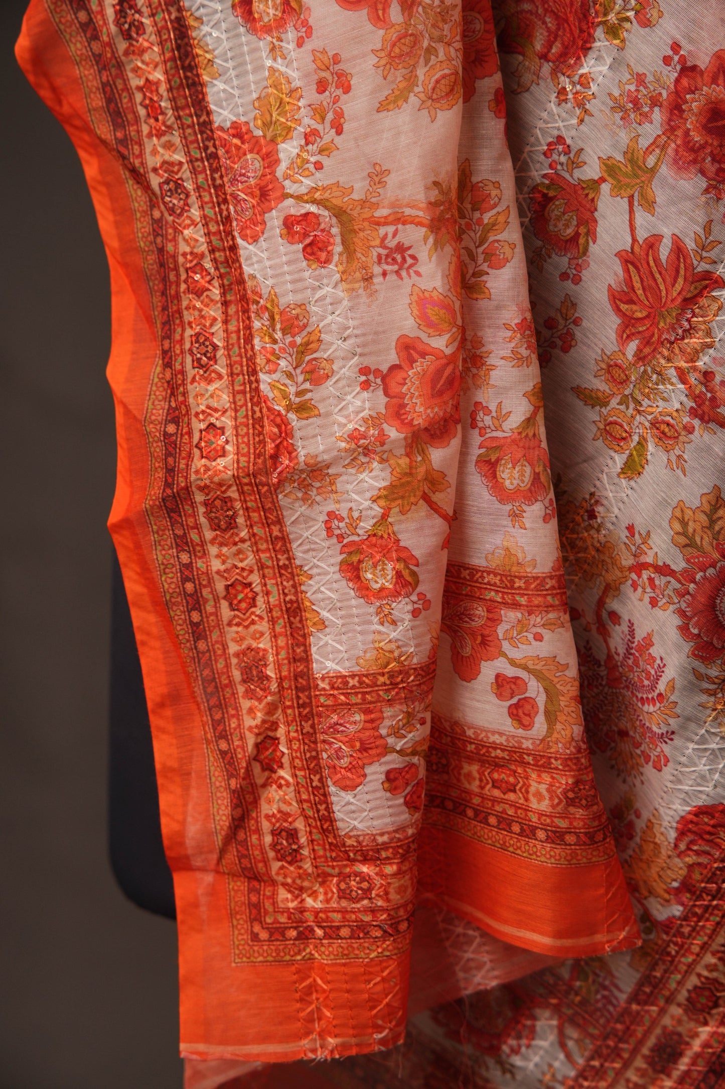 Off-White Cotton Unstitched Suit with Orange Floral Printed On Top & Ciffly Dupatta