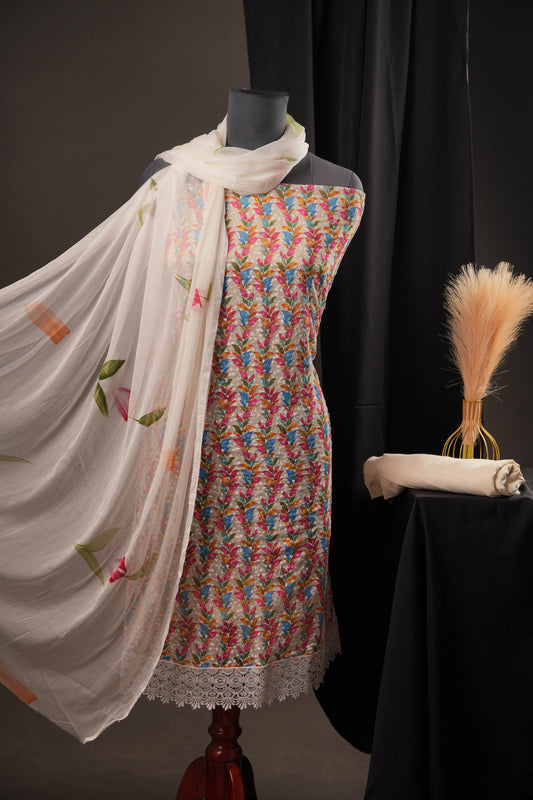 Off-White Floral Print Georgette Unstitched Suit with Floral Chiffon Dupatta