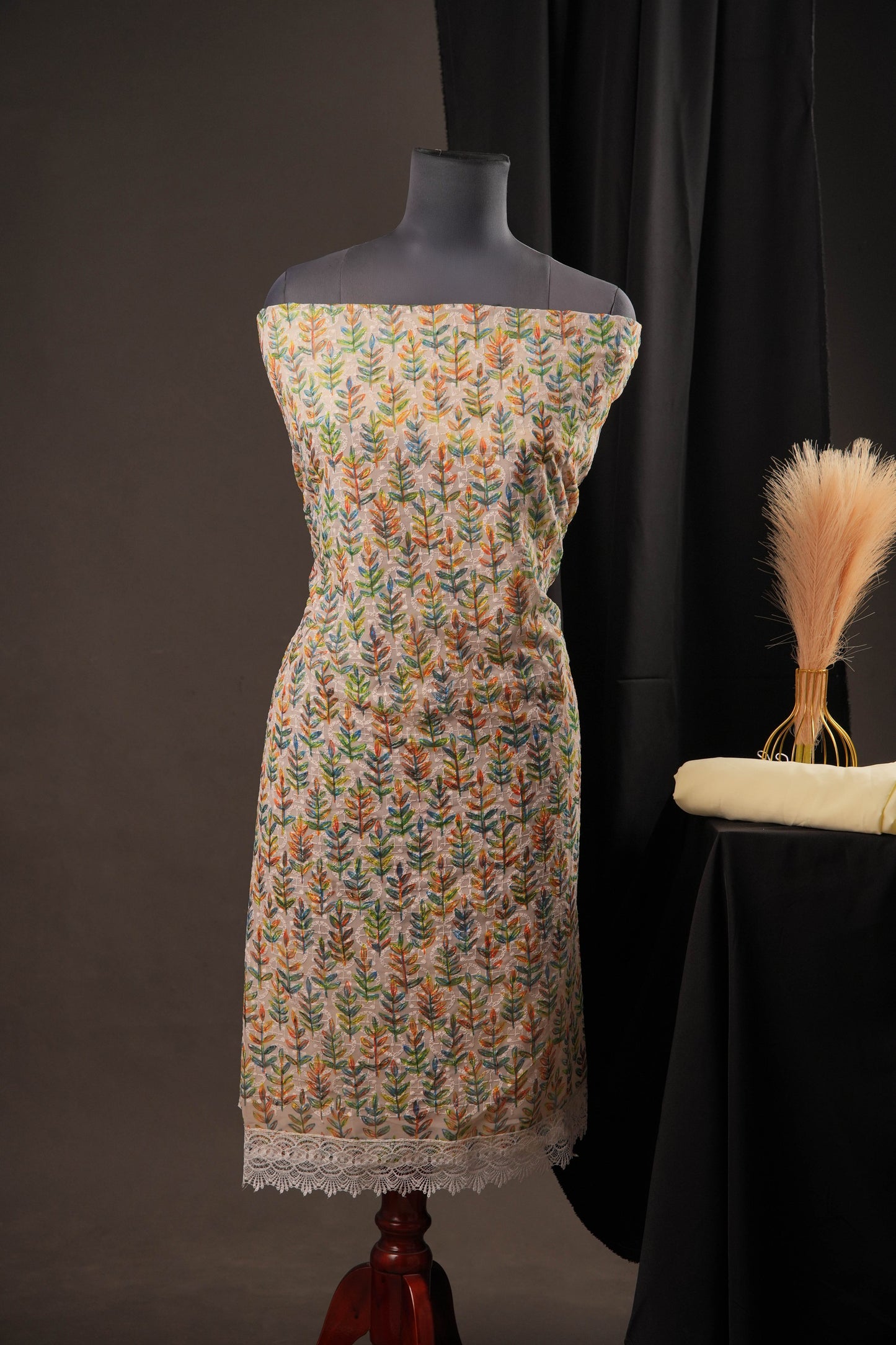 Off-White Leaf Print Georgette Unstitched Suit with Floral Chiffon Dupatta