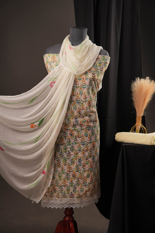 Off-White Leaf Print Georgette Unstitched Suit with Floral Chiffon Dupatta