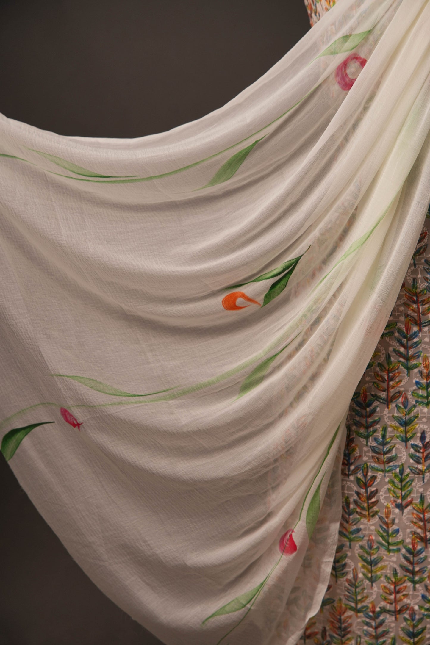 Off-White Leaf Print Georgette Unstitched Suit with Floral Chiffon Dupatta