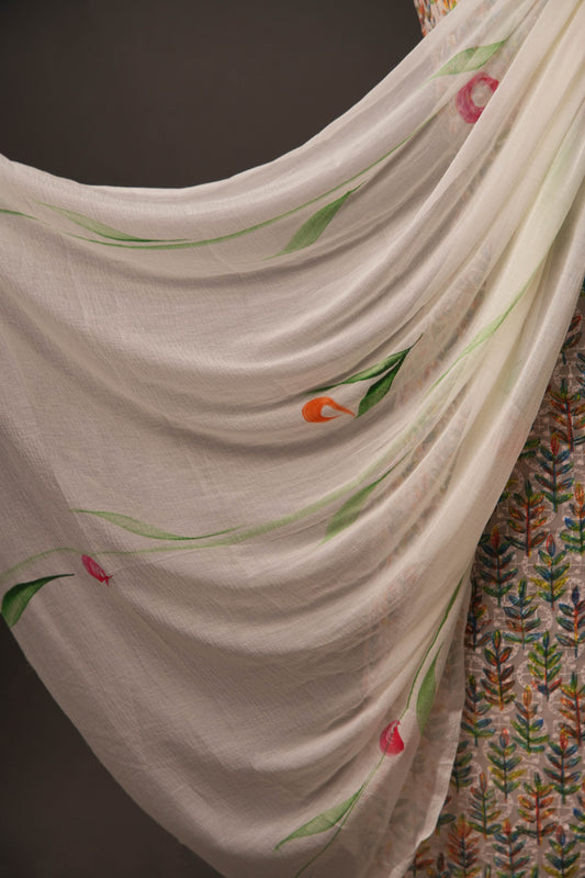 Off-White Leaf Print Georgette Unstitched Suit with Floral Chiffon Dupatta